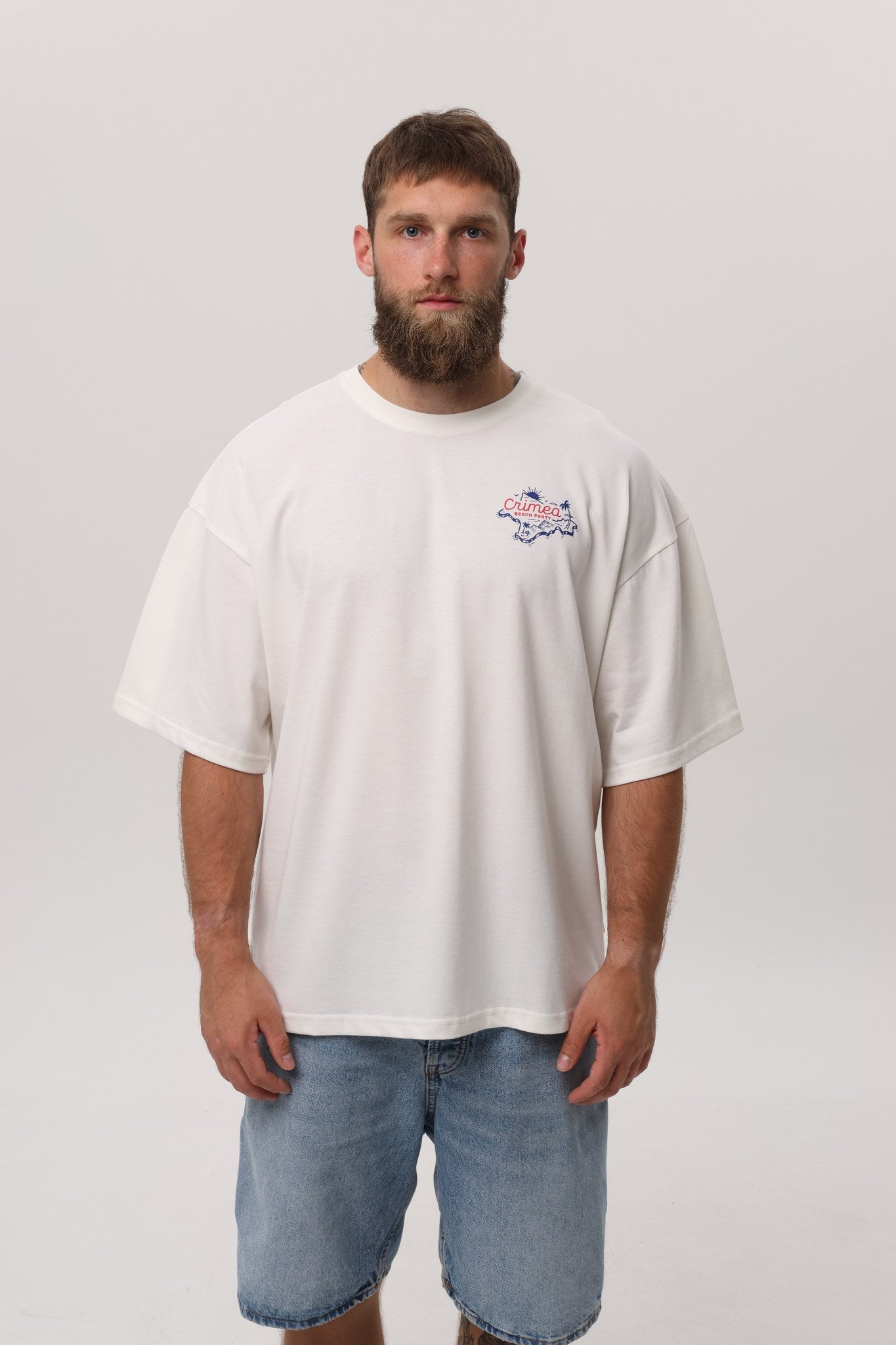 Ivory — Crimea Beach Party T-Shirt, ivory oversized tee with Crimea Beach Party back print