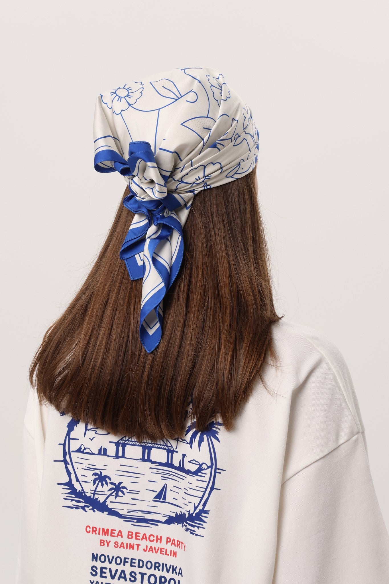 Crimea Silk Scarf Anchor — ivory silk scarf with blue Sevastopol line-art print