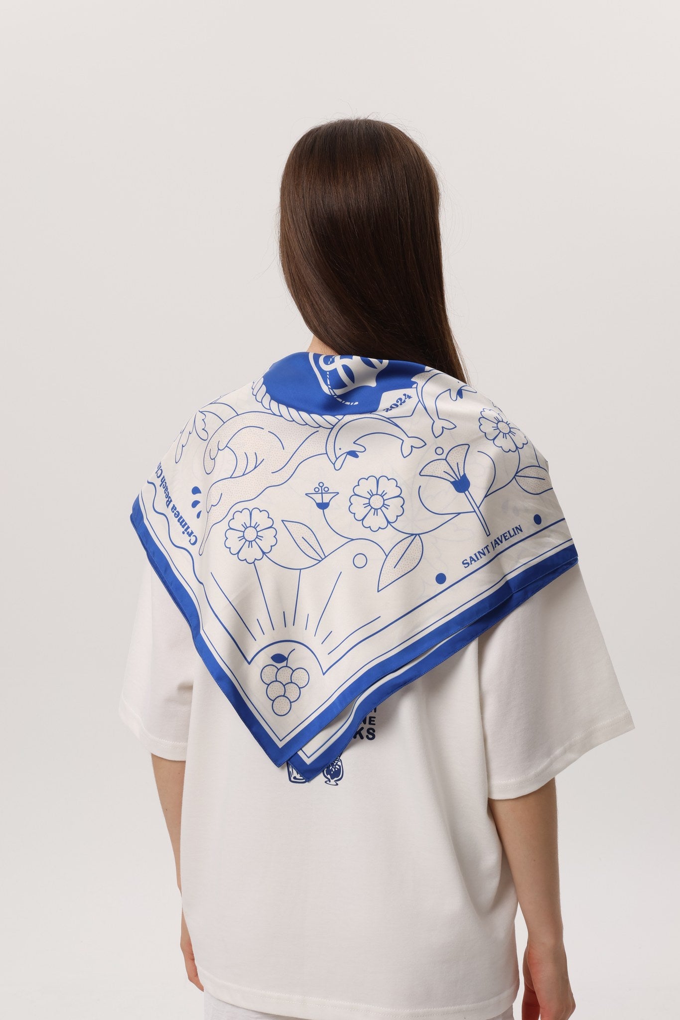 Crimea Silk Scarf Anchor — ivory silk scarf with blue Sevastopol line-art print