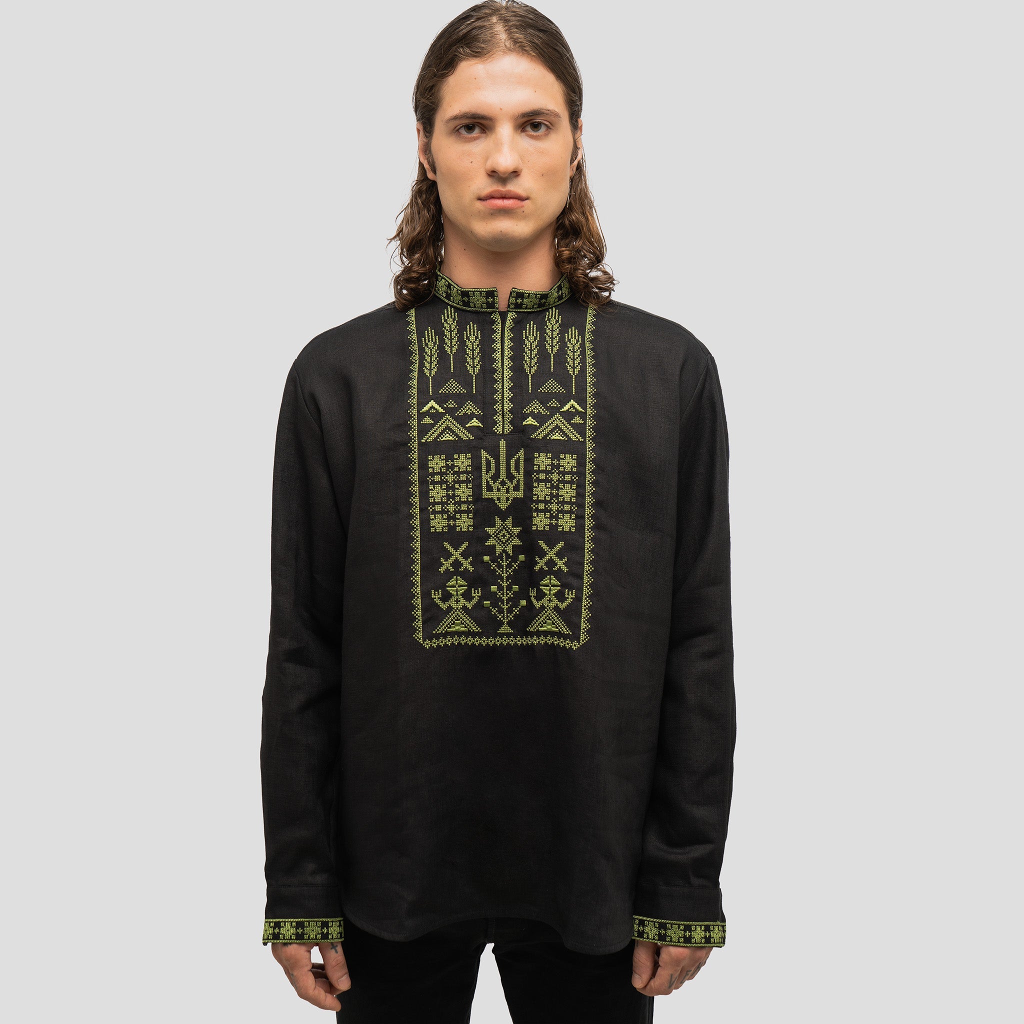 Linen Vyshyvanka “Syla” – Black Embroidered Shirt – Saint Javelin