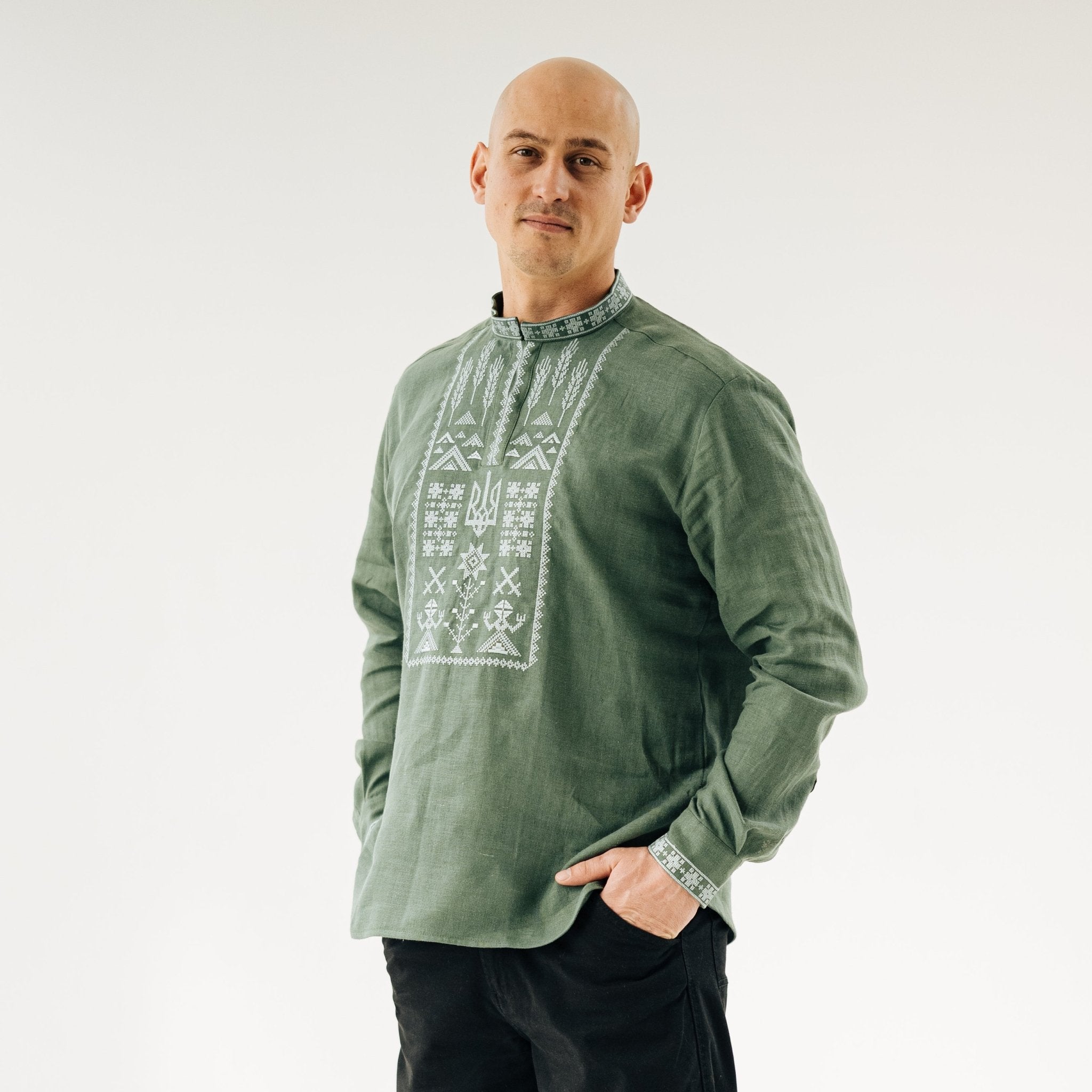 Linen Vyshyvanka “Syla” – Green Embroidered Shirt – Saint Javelin