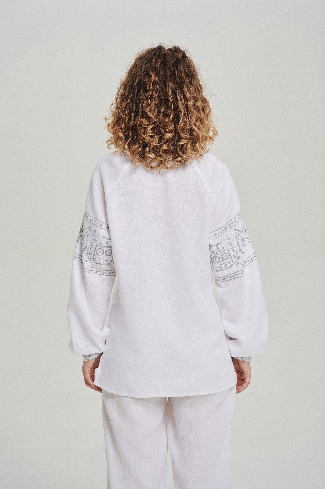 White / Olive — Women's Saint Javelin vyshyvanka, embroidered linen shirt