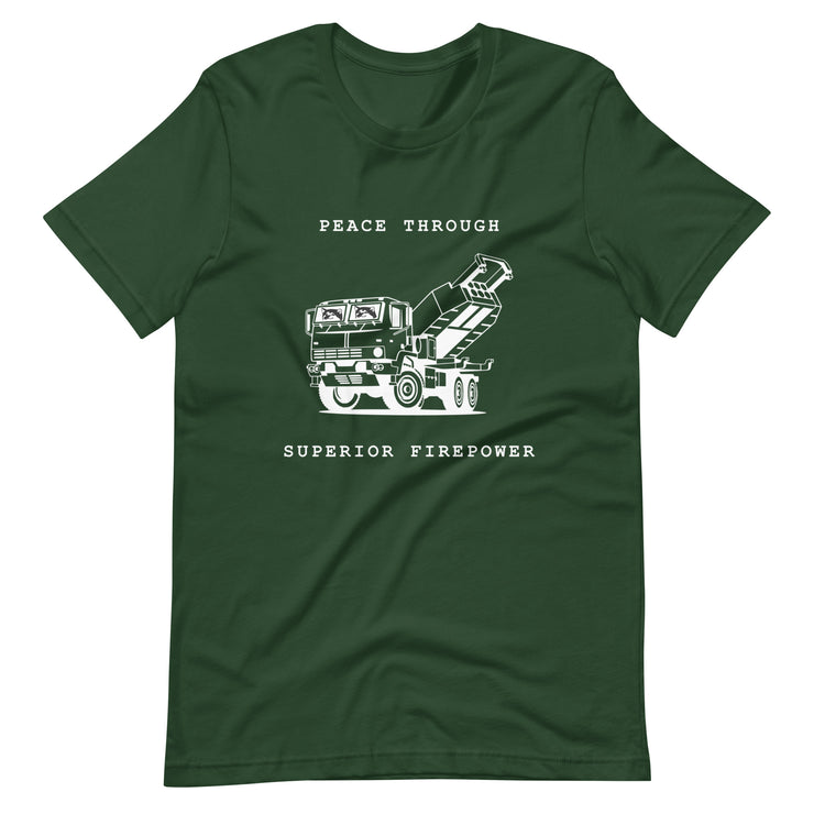 NAFO x HIMARS - Peace Through Superior Firepower - Adult TShirt (white outline)