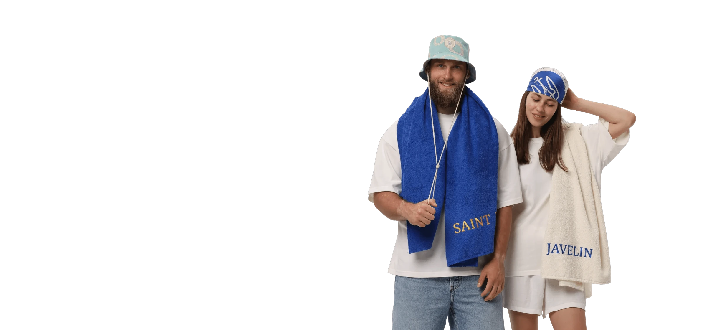 Two models wearing Saint Javelin beach towels, royal blue and bone