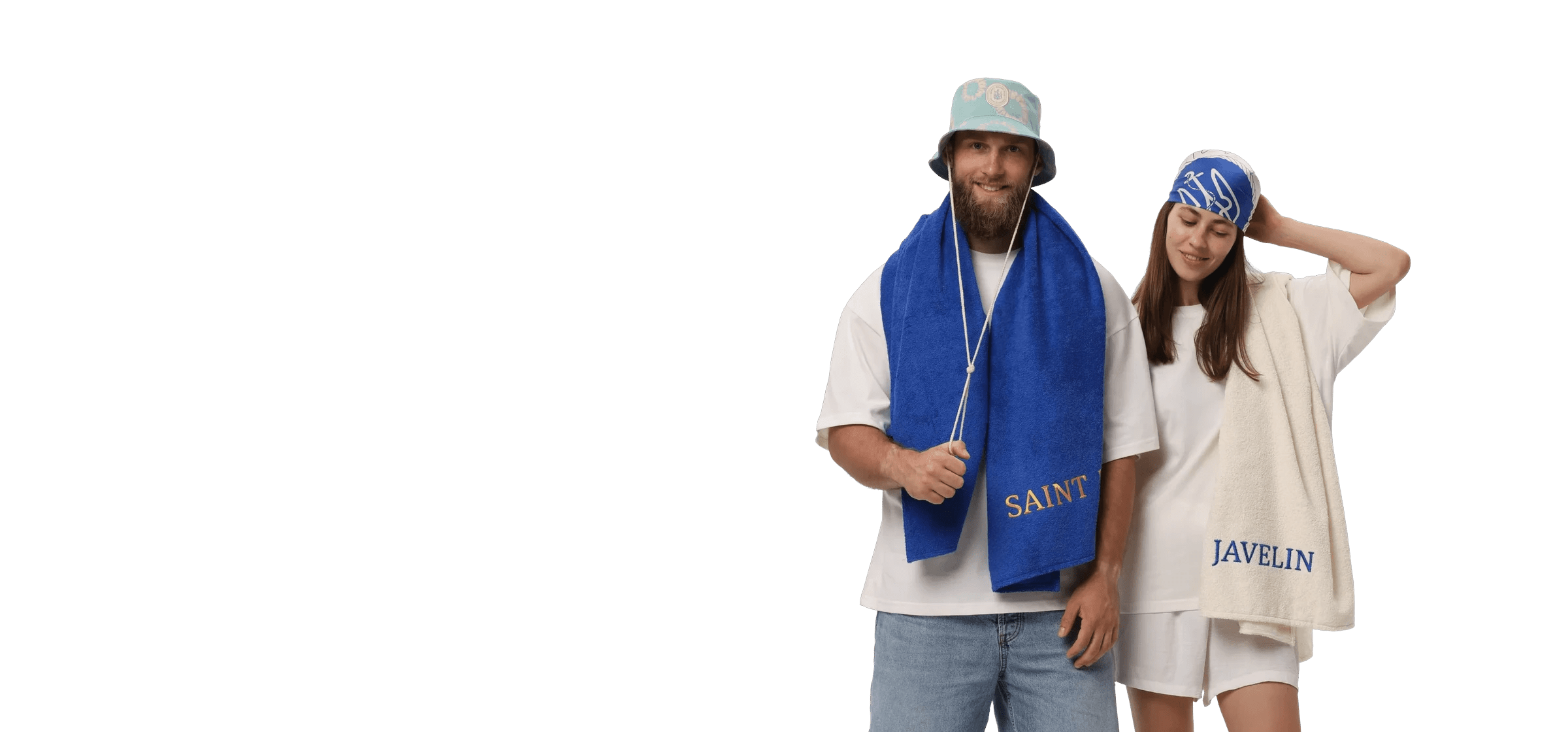 Two models wearing Saint Javelin beach towels, royal blue and bone