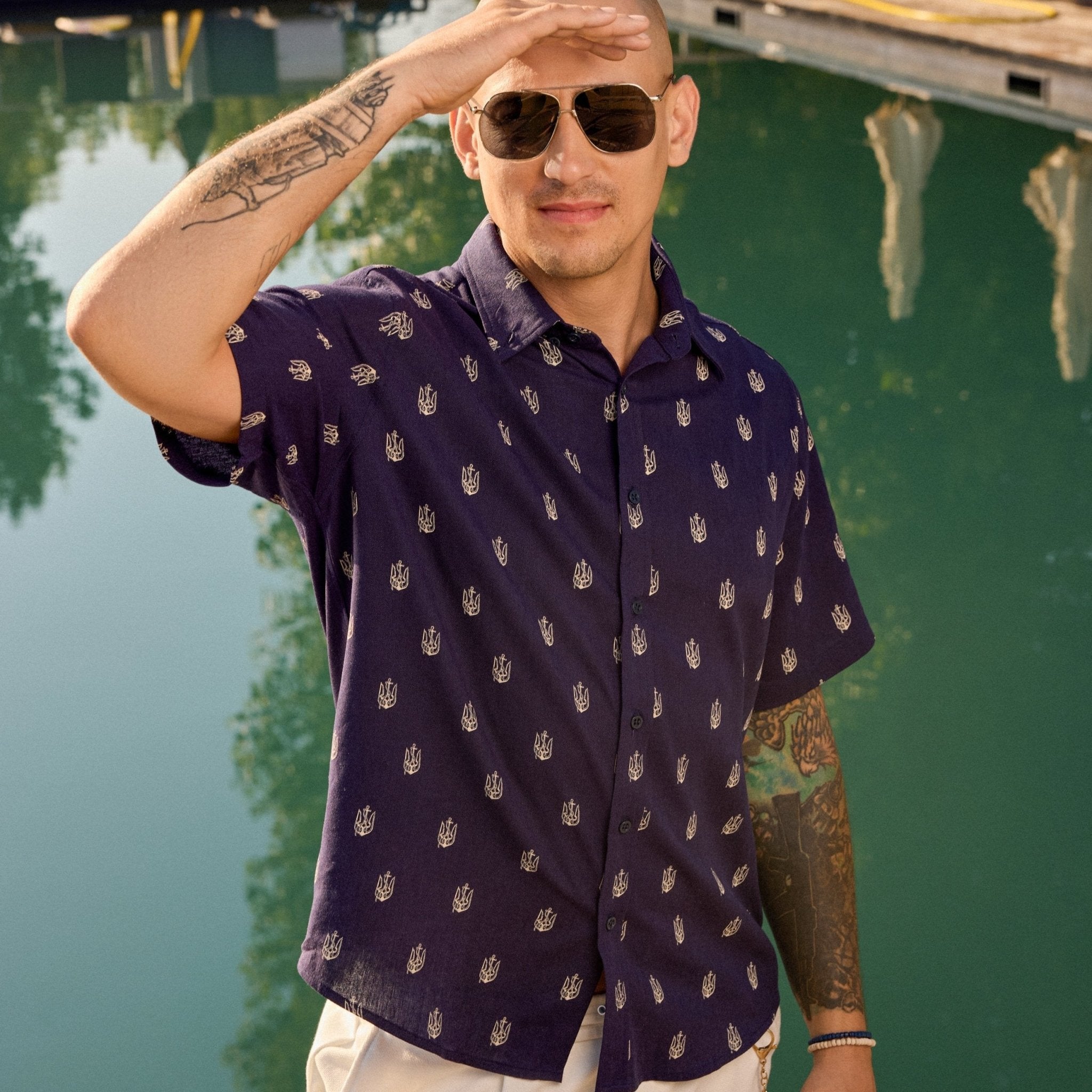 Anchor Tryzub - Navy Linen Shirt - Saint Javelin