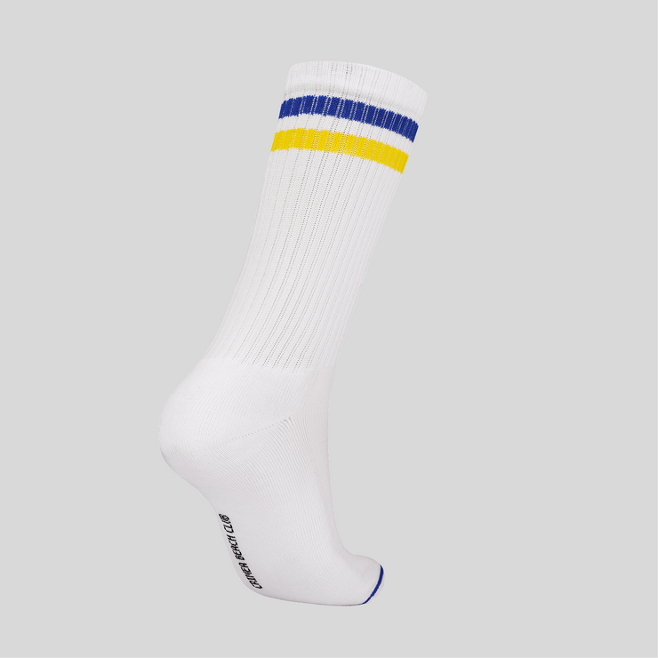 Blue & Yellow Stripes - White Crew Socks