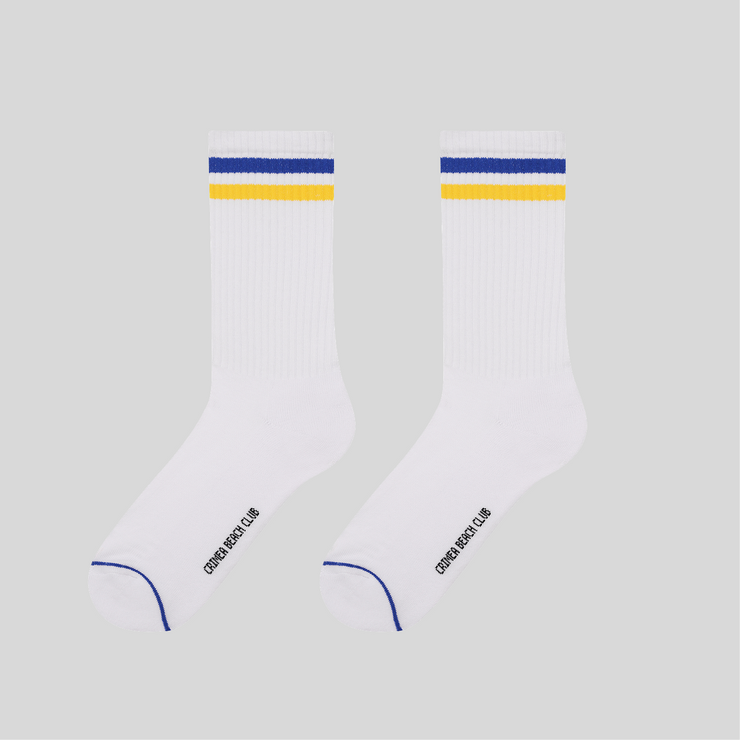 Blue & Yellow Stripes - White Crew Socks