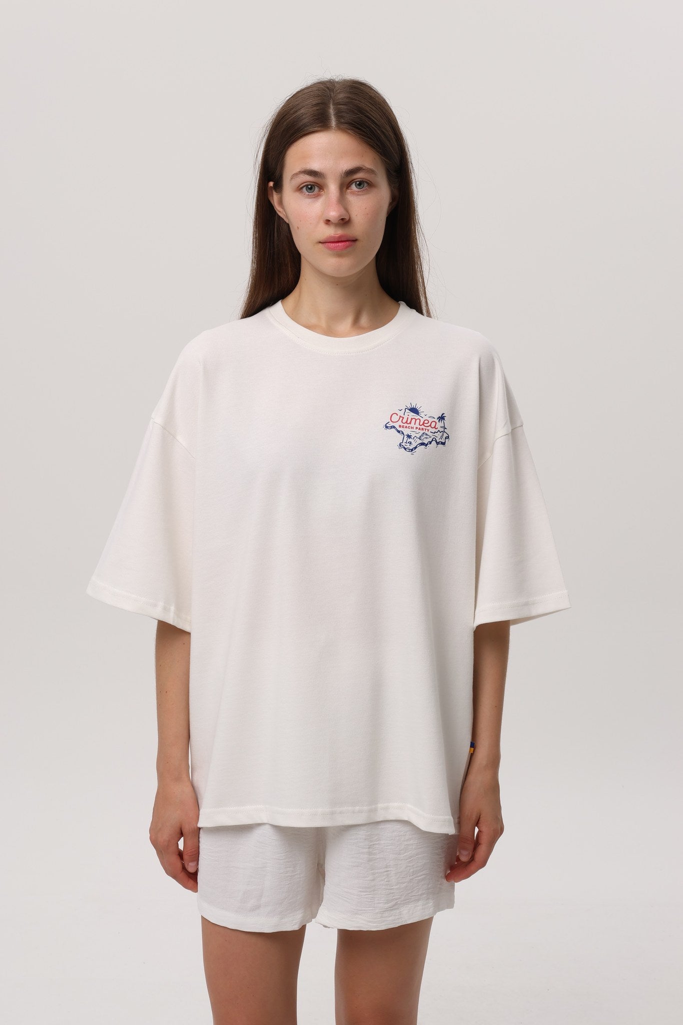 Ivory — Crimea Beach Party T-Shirt, ivory oversized tee with Crimea Beach Party back print