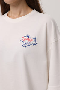 Ivory — Crimea Beach Party T-Shirt, ivory oversized tee with Crimea Beach Party back print