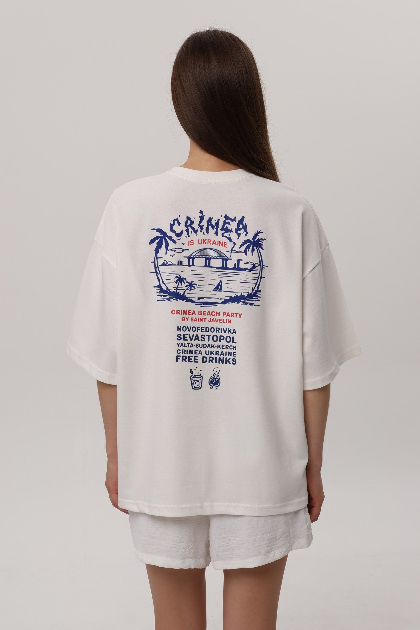 Ivory — Crimea Beach Party T-Shirt, ivory oversized tee with Crimea Beach Party back print