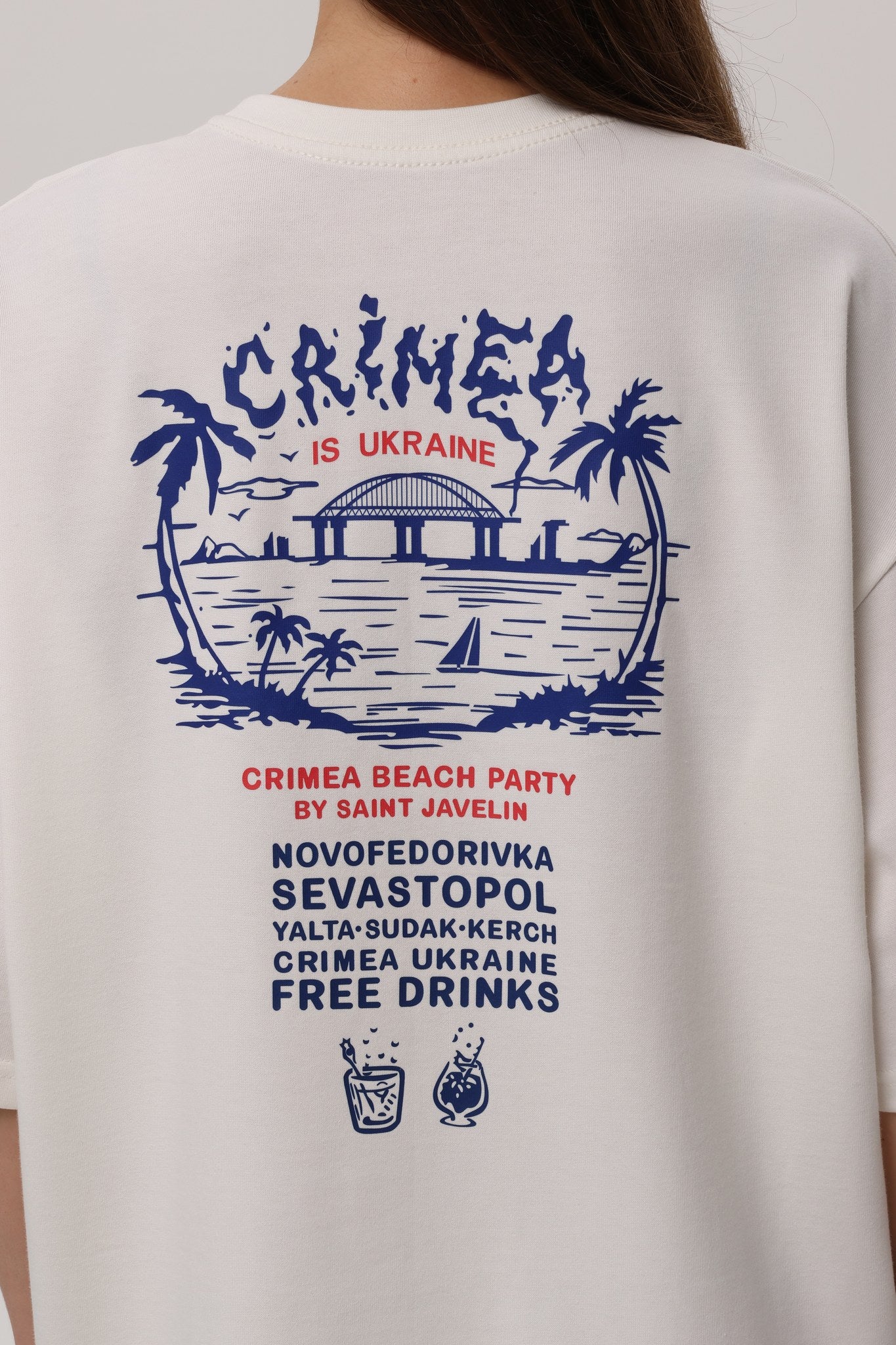 Ivory — Crimea Beach Party T-Shirt, ivory oversized tee with Crimea Beach Party back print