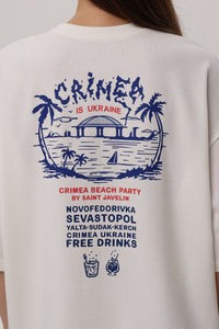 Ivory — Crimea Beach Party T-Shirt, ivory oversized tee with Crimea Beach Party back print