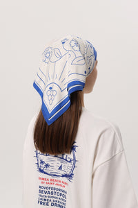 Crimea Silk Scarf Anchor — ivory silk scarf with blue Sevastopol line-art print