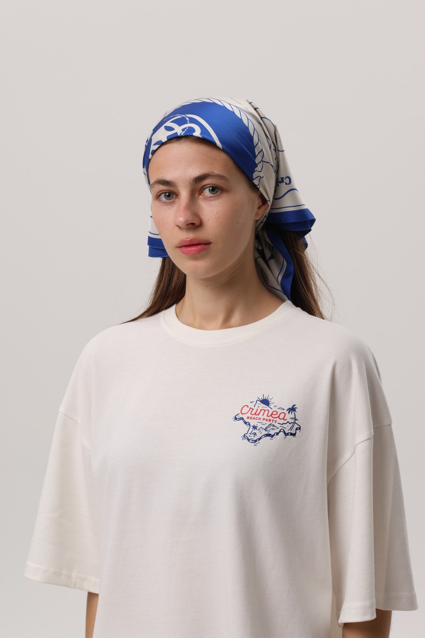 Crimea Silk Scarf Anchor — ivory silk scarf with blue Sevastopol line-art print