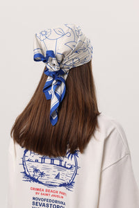 Crimea Silk Scarf Anchor — ivory silk scarf with blue Sevastopol line-art print