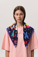Midnight Blue — Crimea Silk Scarf Yalta, navy silk scarf with illustrated Yalta print