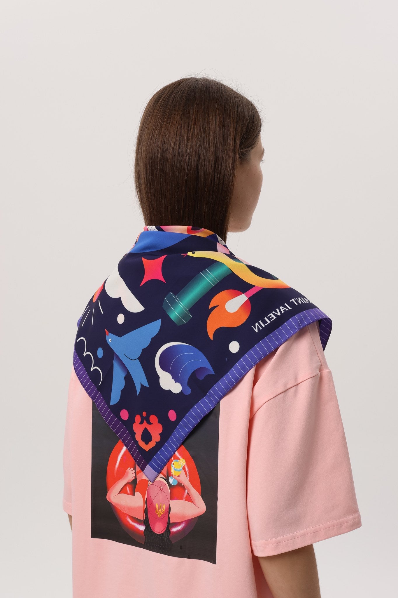 Midnight Blue — Crimea Silk Scarf Yalta, navy silk scarf with illustrated Yalta print