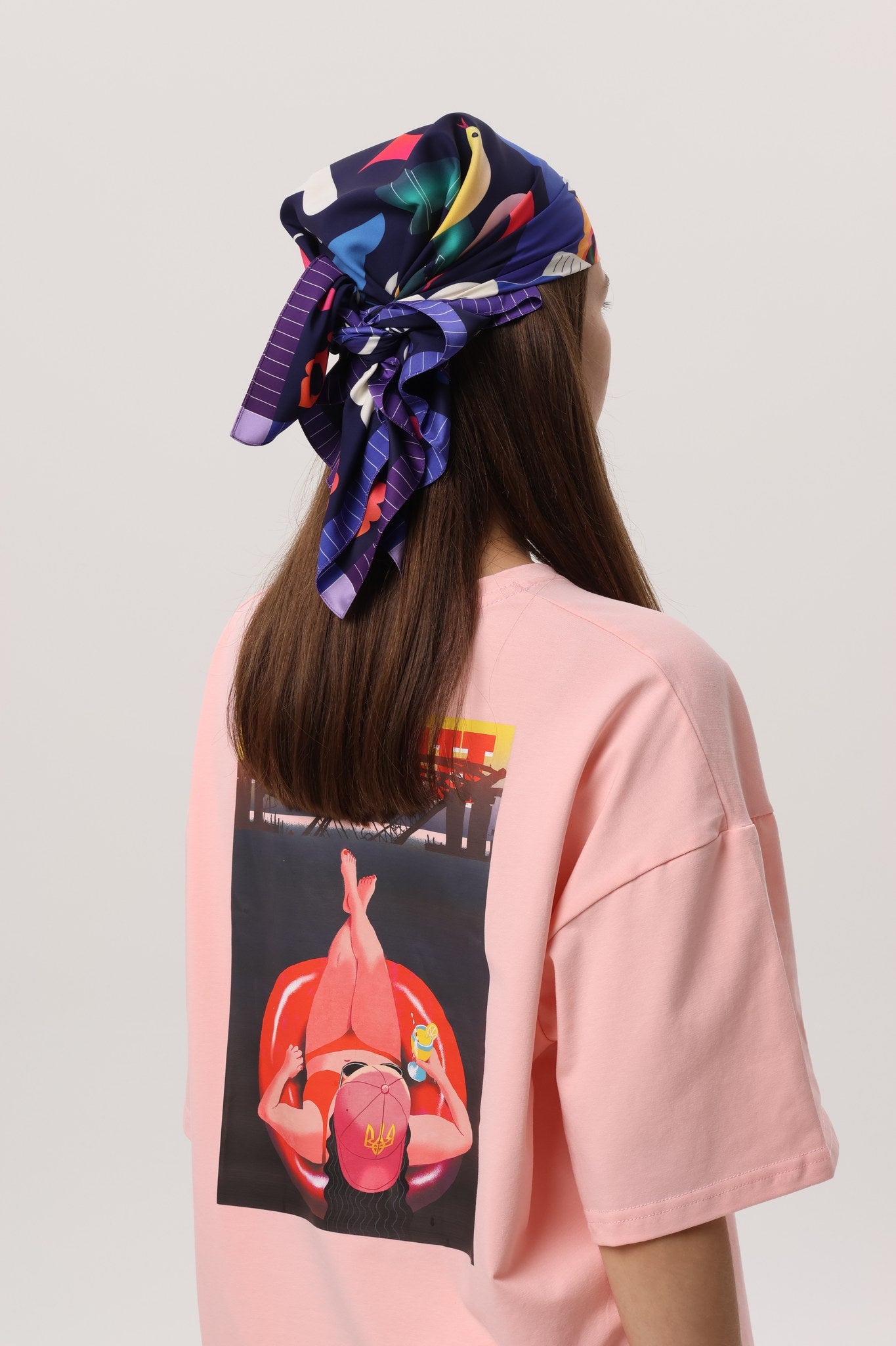 Midnight Blue — Crimea Silk Scarf Yalta, navy silk scarf with illustrated Yalta print
