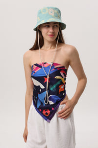 Midnight Blue — Crimea Silk Scarf Yalta, navy silk scarf with illustrated Yalta print