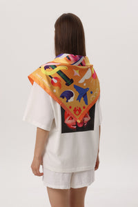 Sunrise Orange — Crimea Silk Scarf Yalta, orange silk scarf with illustrated Yalta print