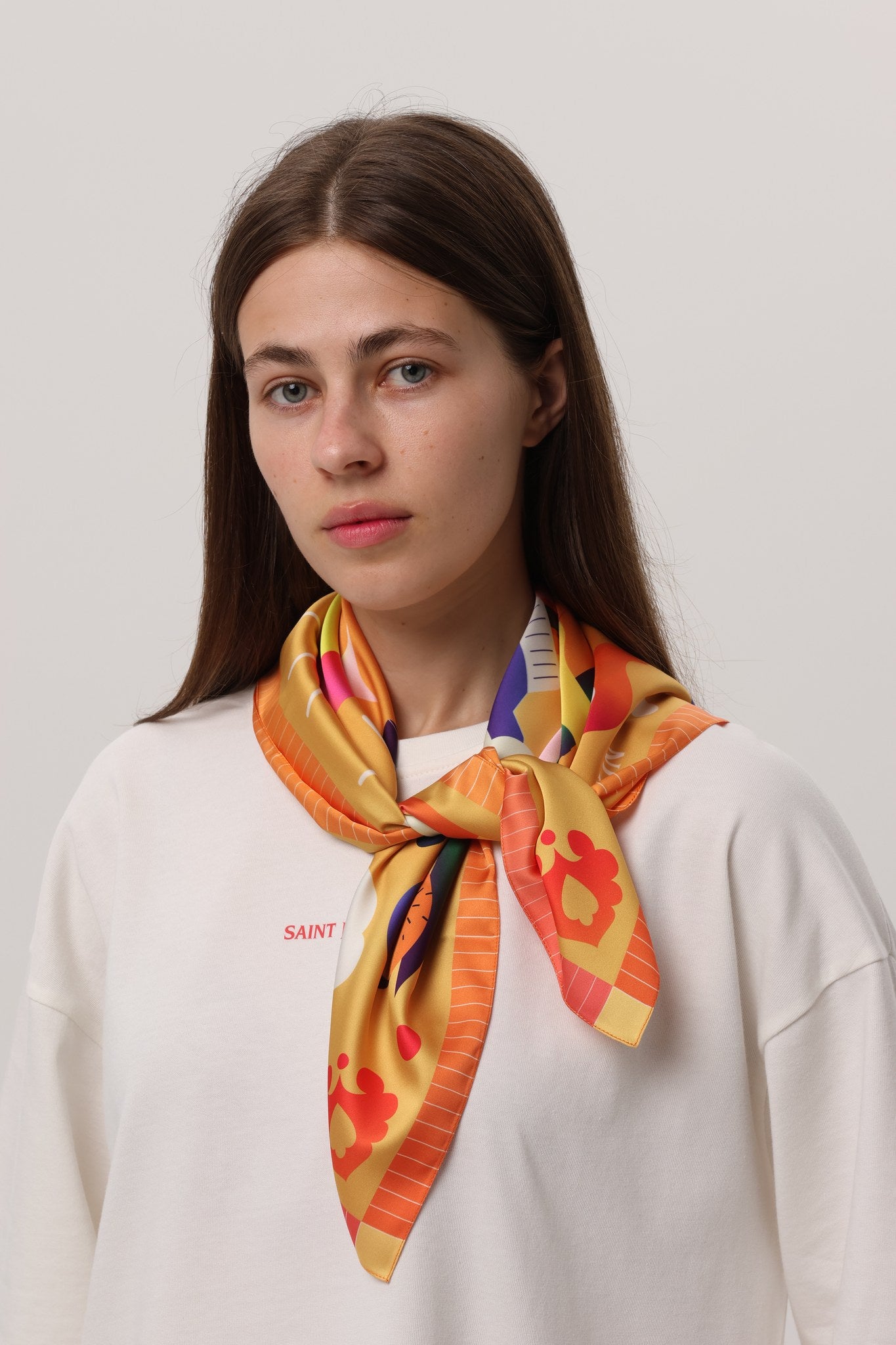 Sunrise Orange — Crimea Silk Scarf Yalta, orange silk scarf with illustrated Yalta print