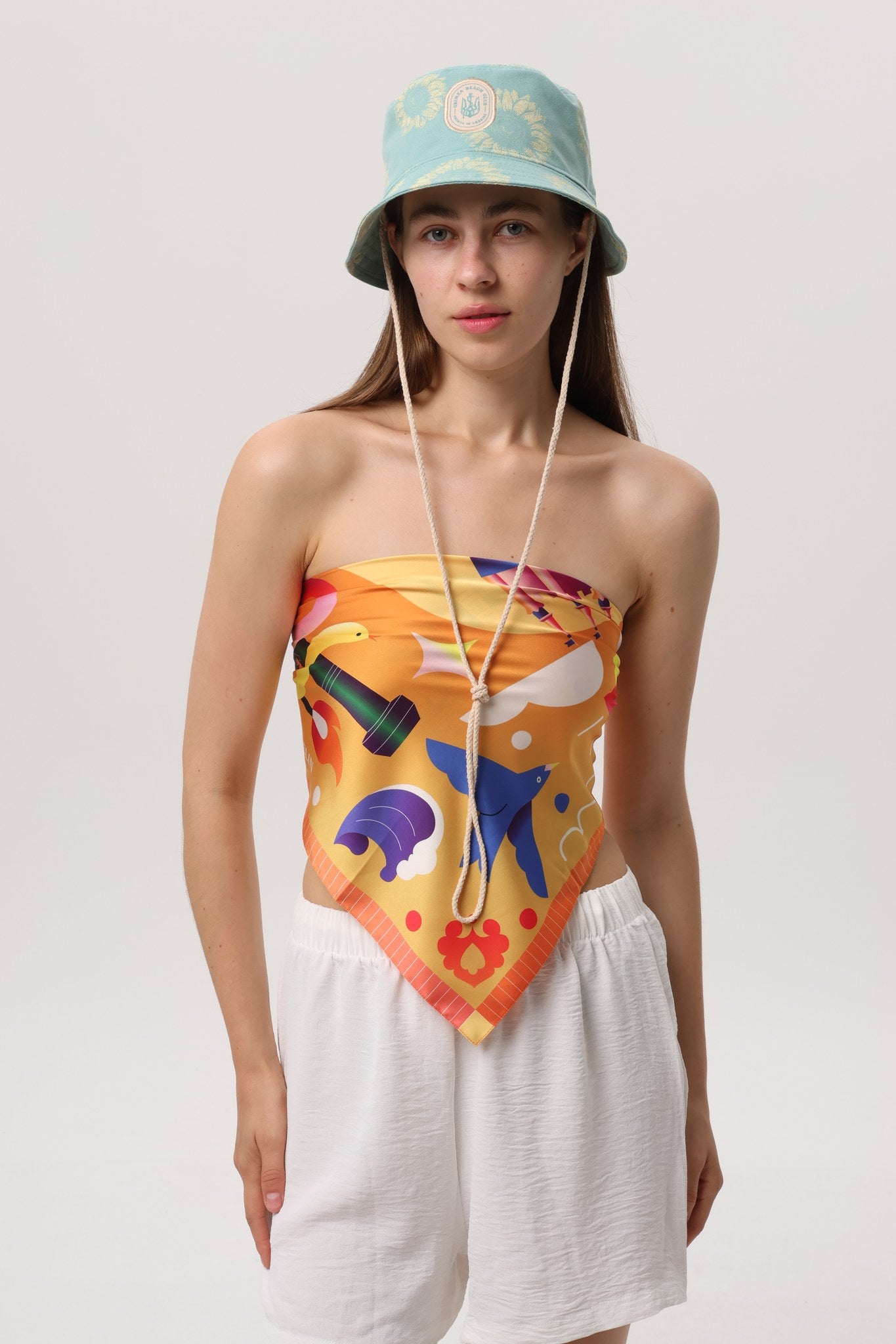 Sunrise Orange — Crimea Silk Scarf Yalta, orange silk scarf with illustrated Yalta print