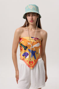 Sunrise Orange — Crimea Silk Scarf Yalta, orange silk scarf with illustrated Yalta print
