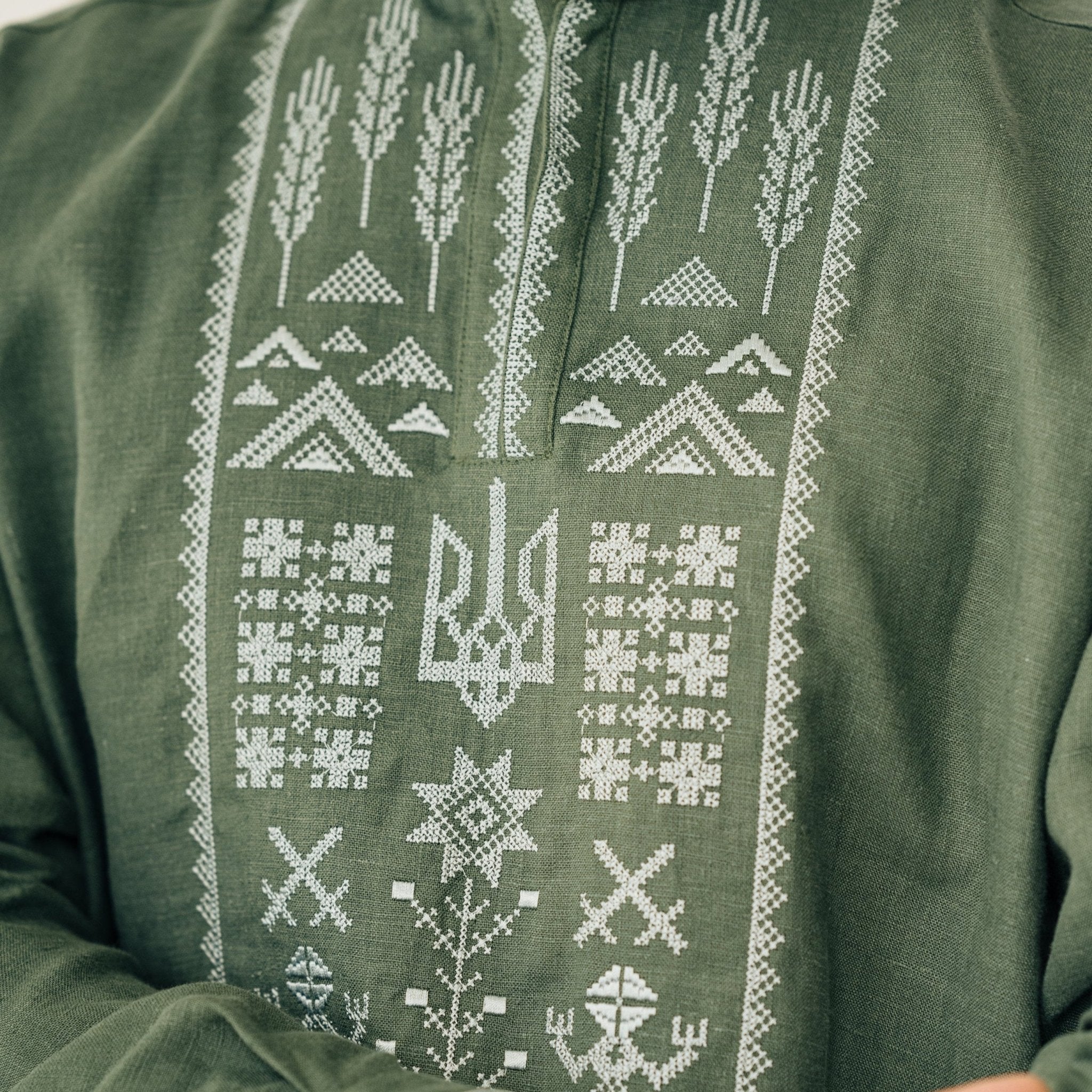 Linen Vyshyvanka “Syla” – Green Embroidered Shirt – Saint Javelin