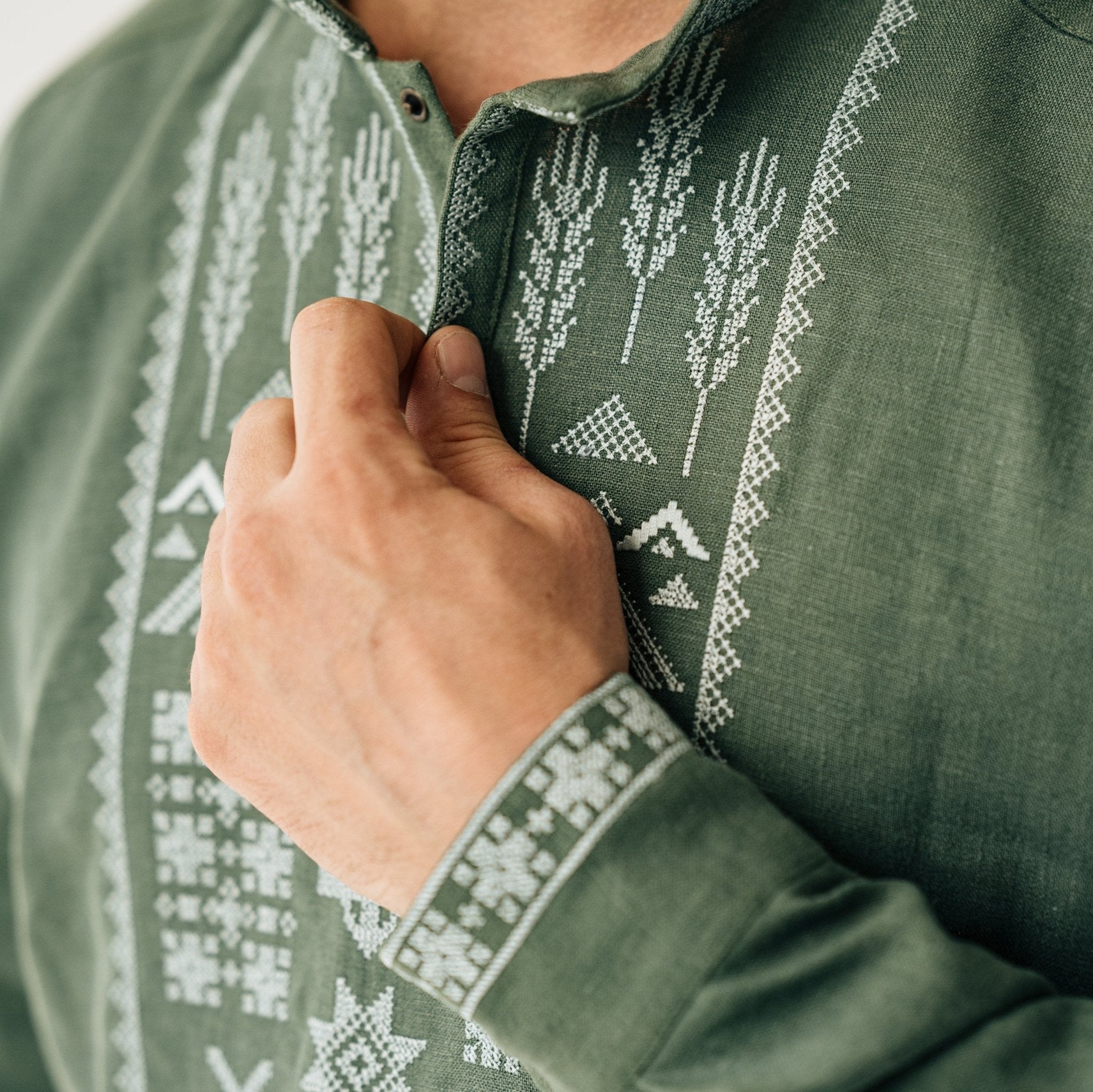 Linen Vyshyvanka “Syla” – Green Embroidered Shirt – Saint Javelin