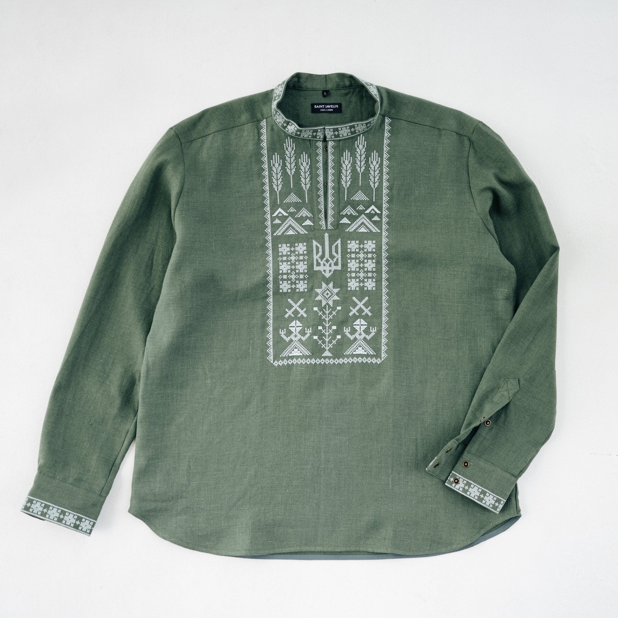 Linen Vyshyvanka “Syla” – Green Embroidered Shirt - Saint Javelin