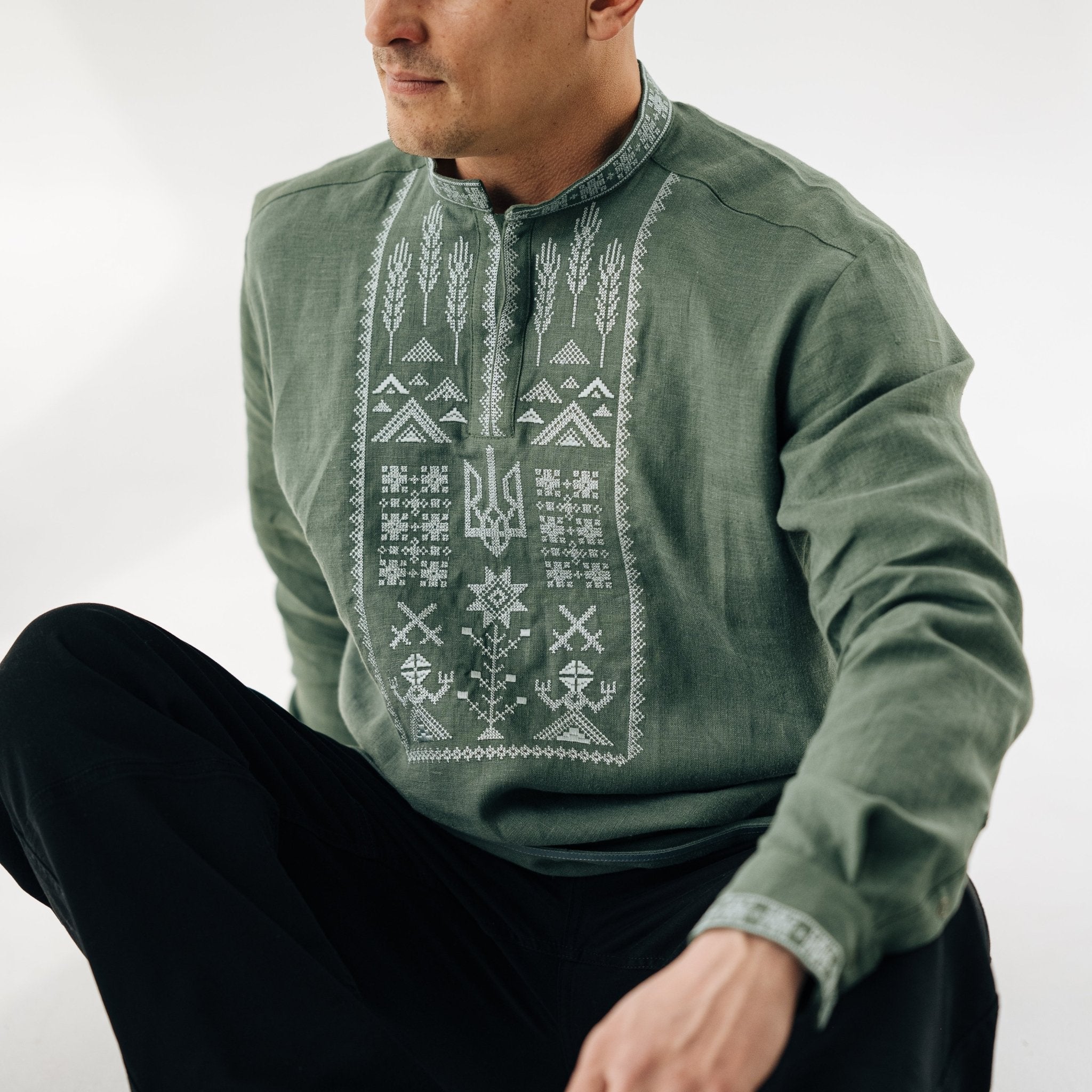 Linen Vyshyvanka “Syla” – Green Embroidered Shirt – Saint Javelin