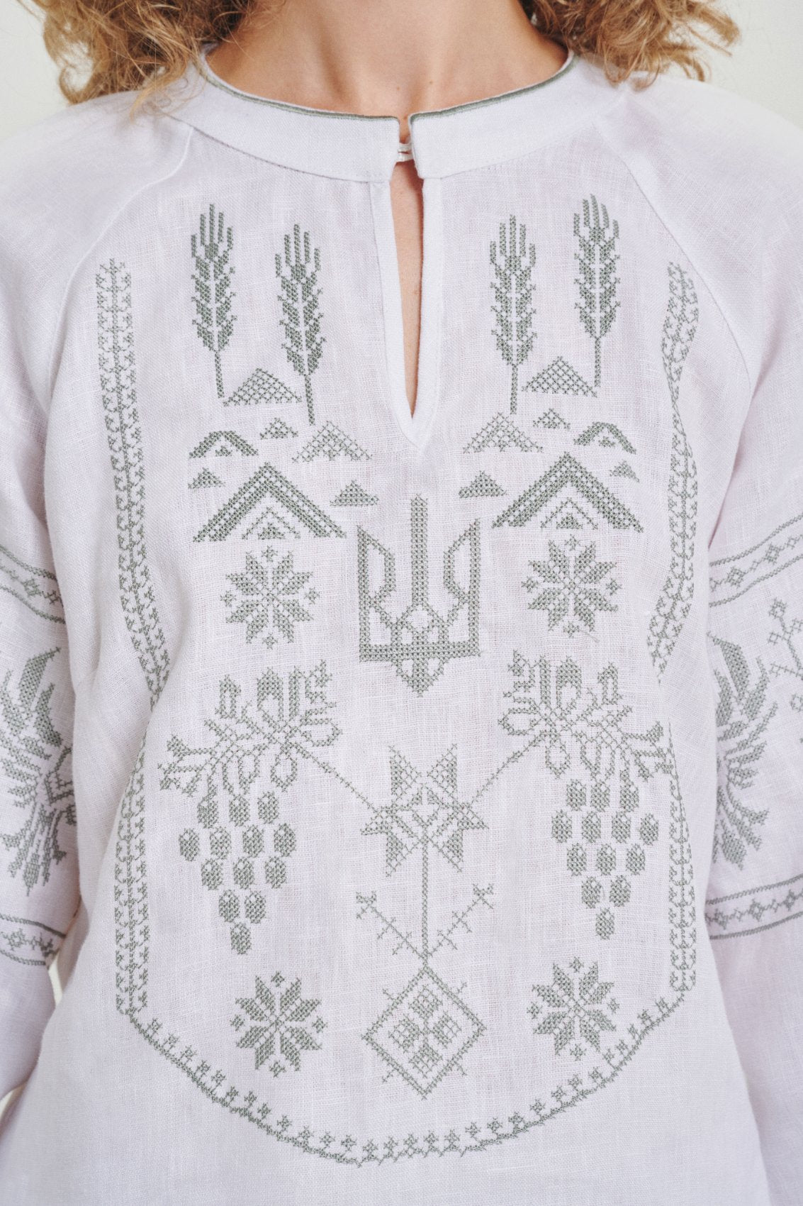 The embroidered front panel of the vyshyvanka, photographed on the body