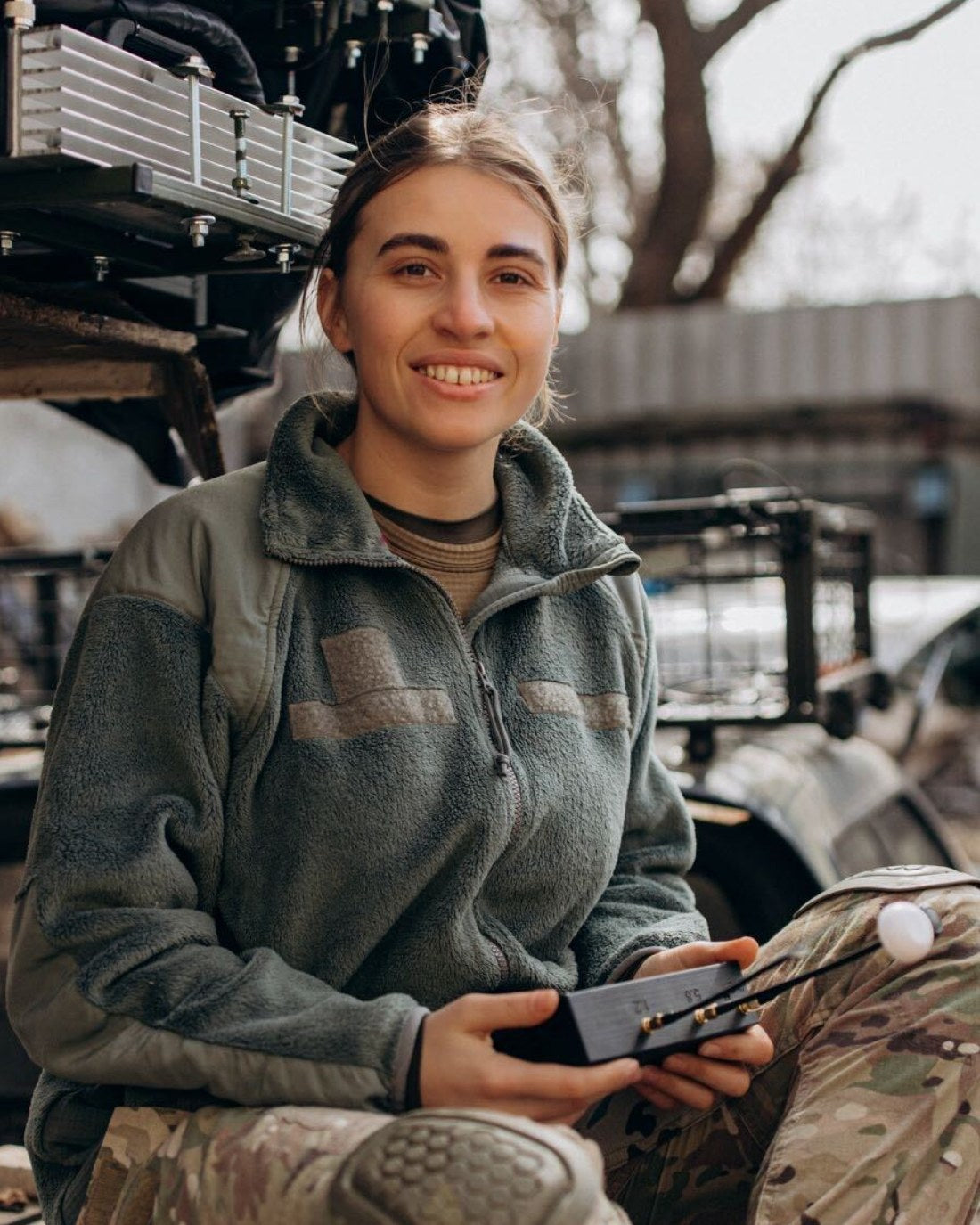 Maryna, electronic warfare operator, at a field position