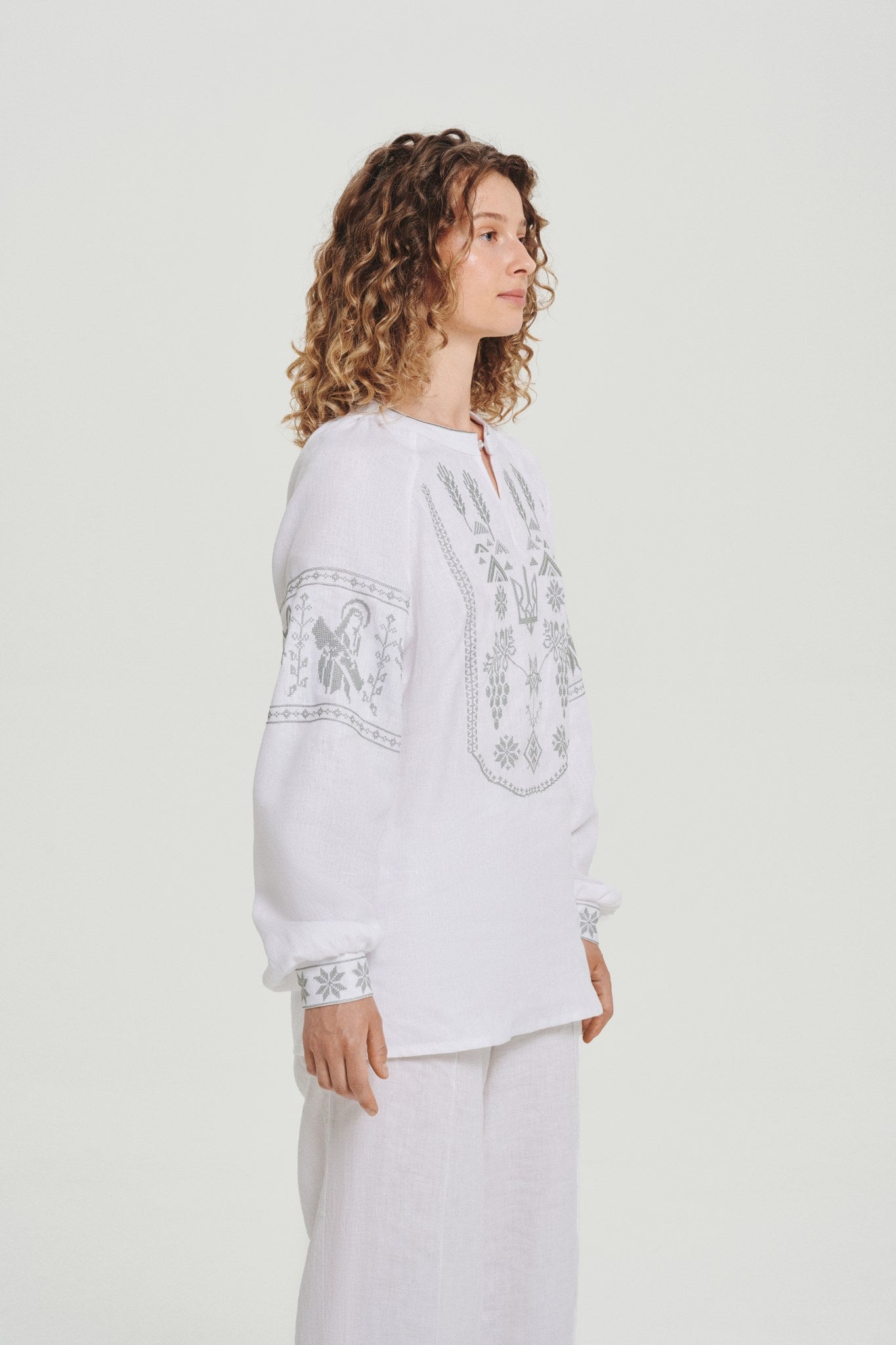 White / Olive — Women's Saint Javelin vyshyvanka, embroidered linen shirt