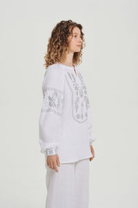 White / Olive — Women's Saint Javelin vyshyvanka, embroidered linen shirt