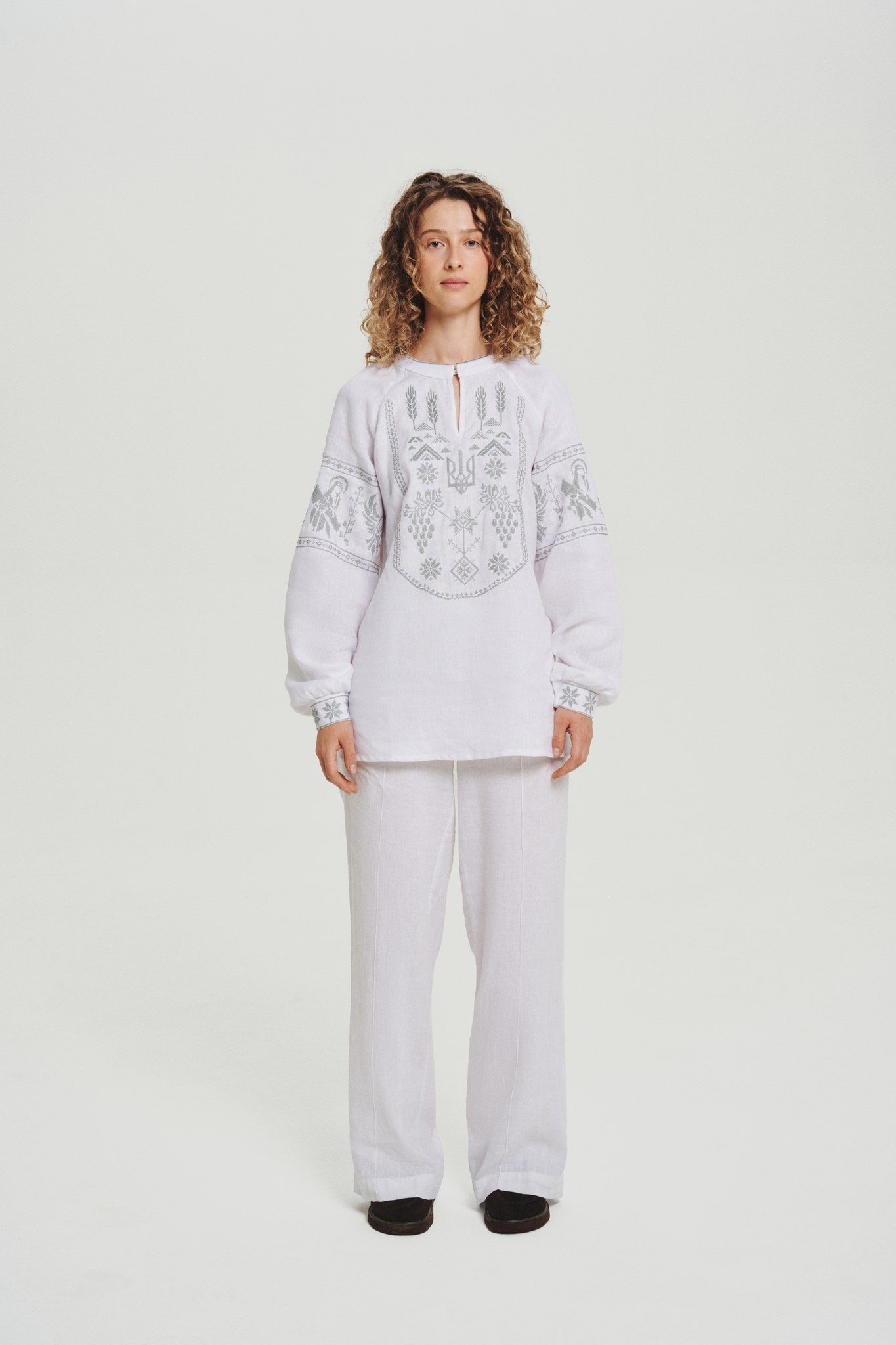 White / Olive — Women's Saint Javelin vyshyvanka, embroidered linen shirt