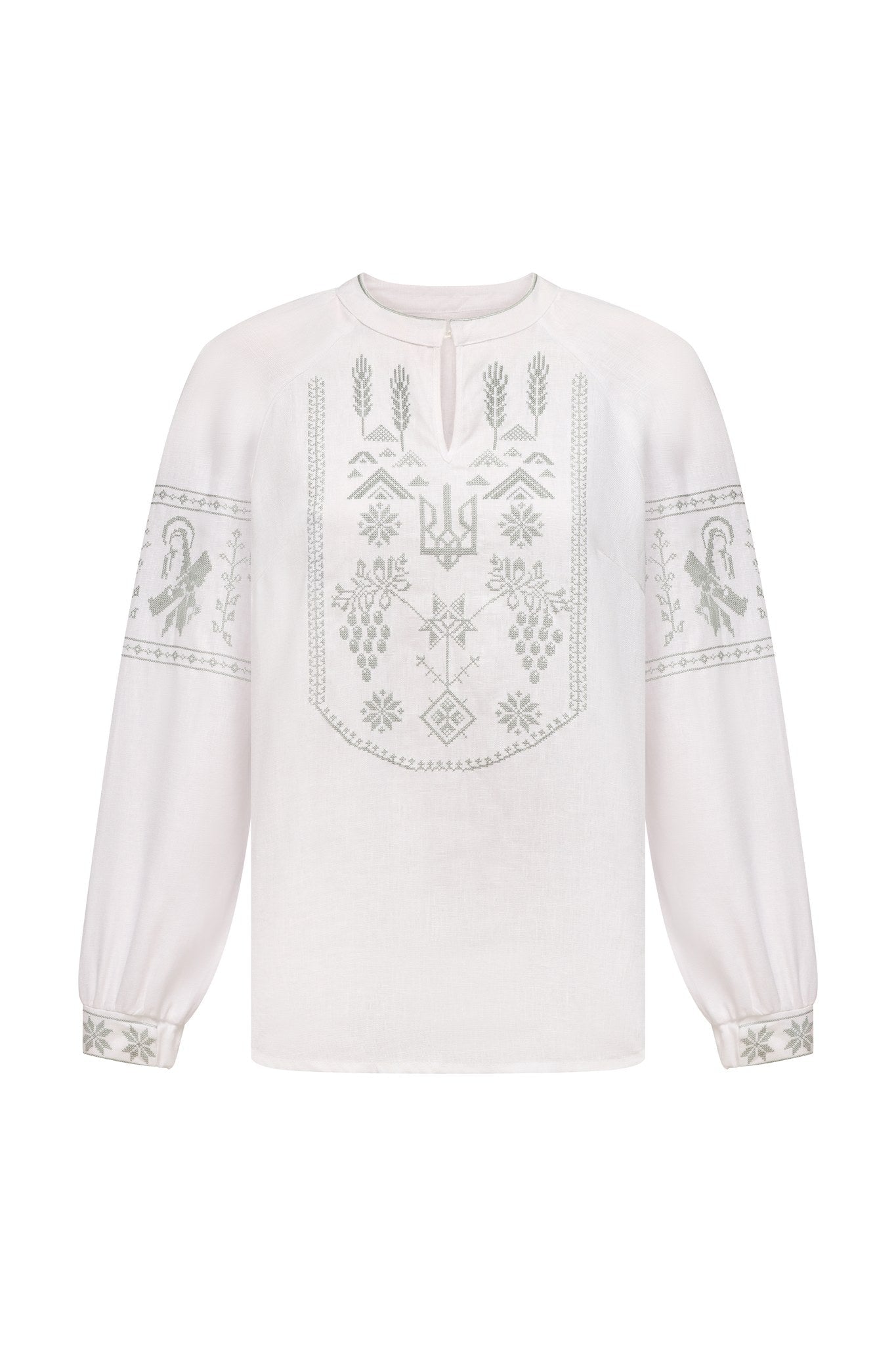 White / Olive — Women's Saint Javelin vyshyvanka, embroidered linen shirt