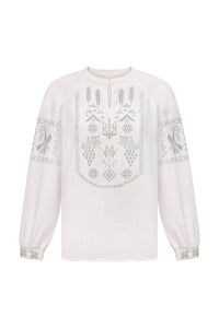 White / Olive — Women's Saint Javelin vyshyvanka, embroidered linen shirt