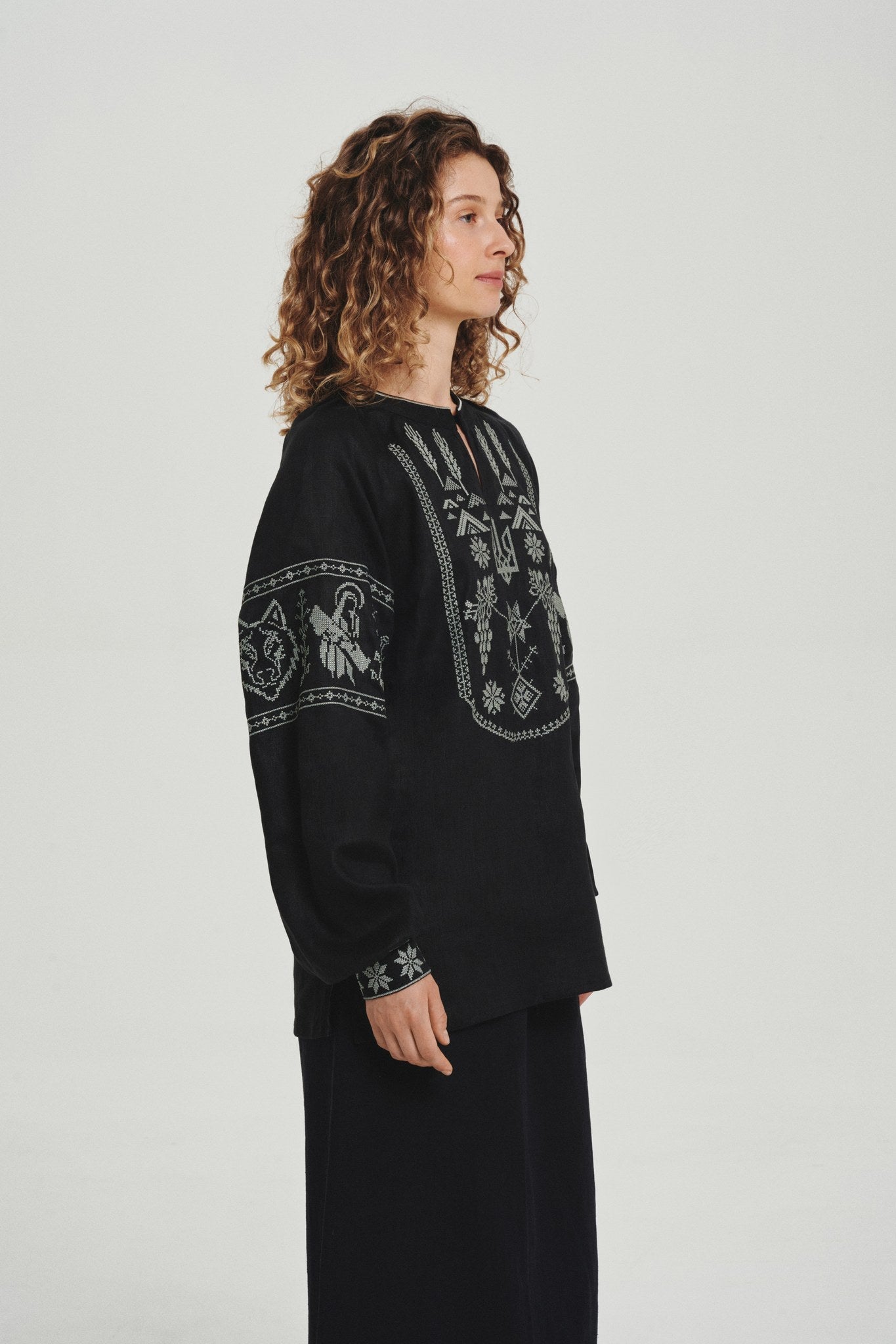 Black / Olive — Women's Saint Javelin vyshyvanka, embroidered linen shirt
