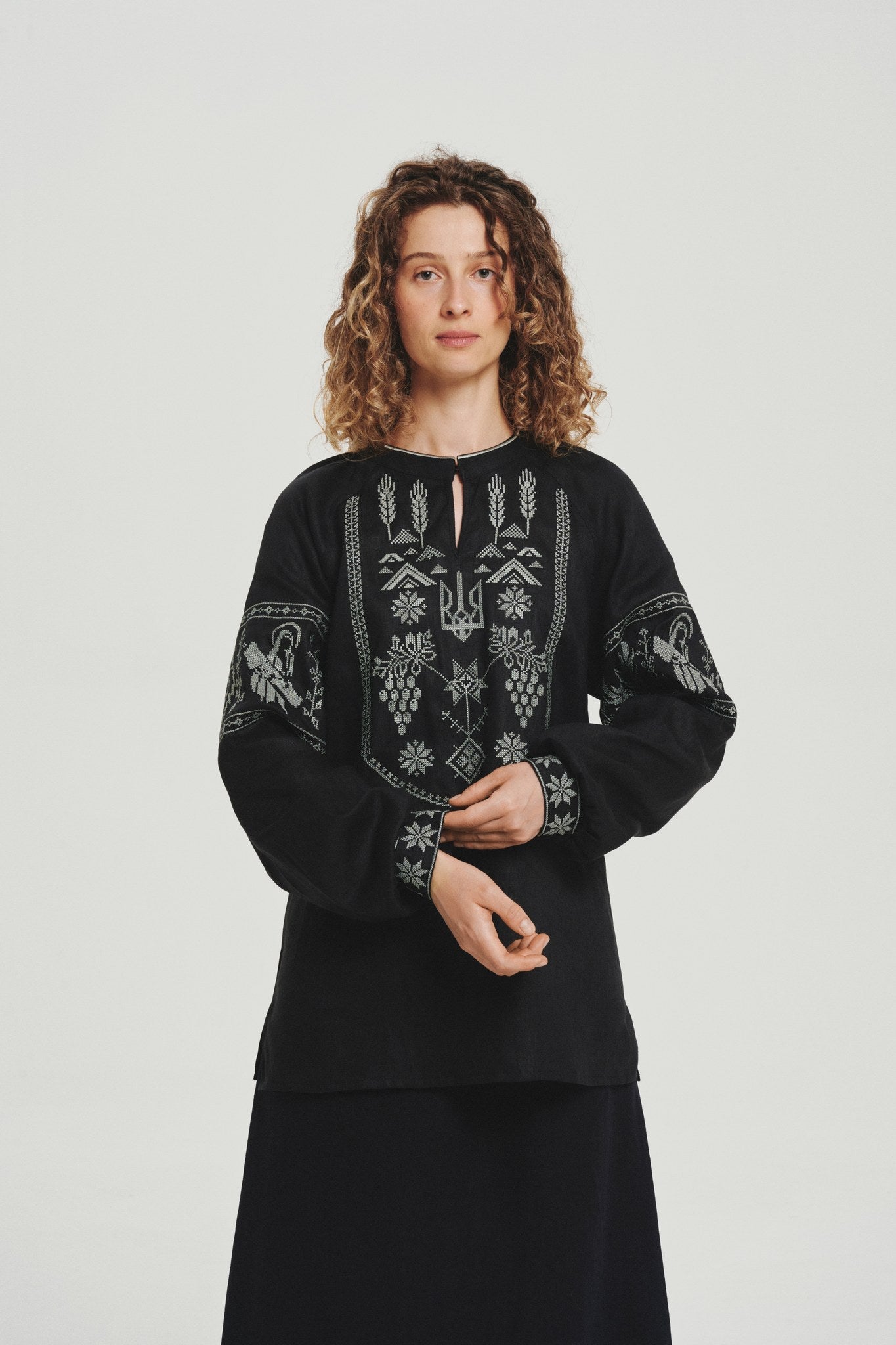 Black / Olive — Women's Saint Javelin vyshyvanka, embroidered linen shirt