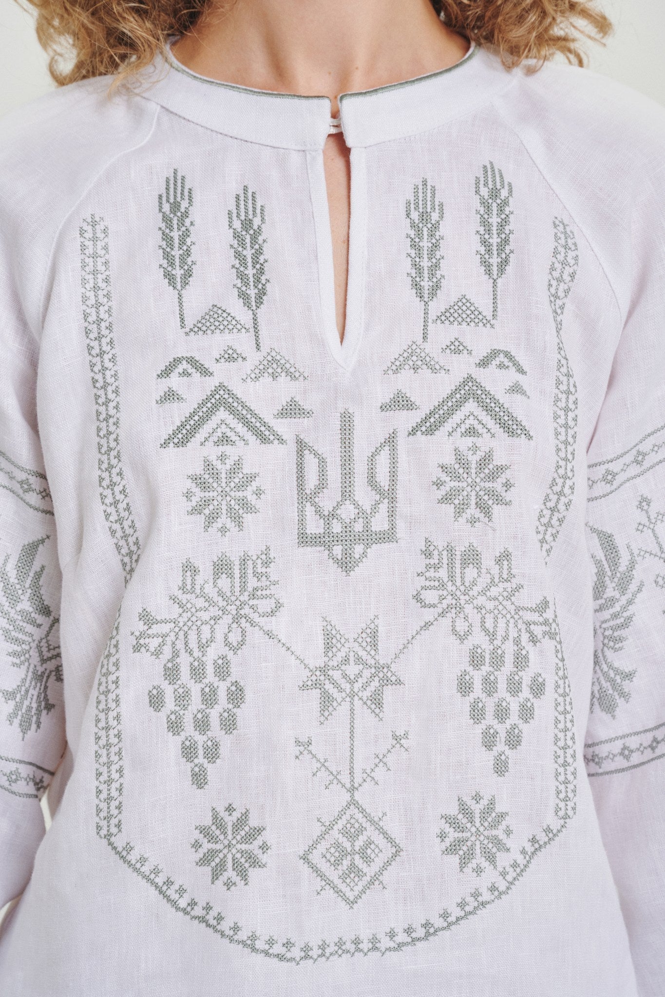 White / Olive — Women's Saint Javelin vyshyvanka, embroidered linen shirt