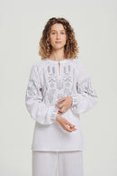 White / Olive — Women's Saint Javelin vyshyvanka, embroidered linen shirt