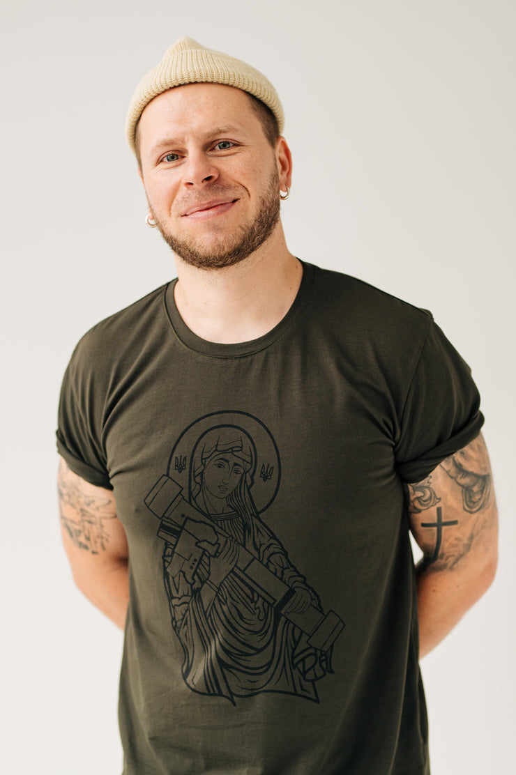 Saint Javelin Army Green Outline Adult TShirt. Made in Ukraine product. Ukrainian Male Front