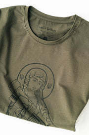 Saint Javelin Army Green Outline Adult TShirt. Made in Ukraine product. Folded shirt closeup of inside label