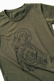 Saint Javelin Army Green Outline Adult TShirt. Made in Ukraine product. Closeup inside label
