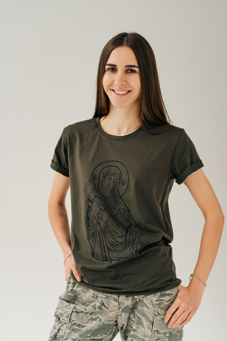 Saint Javelin Army Green Outline Adult TShirt. Made in Ukraine product. Ukrainian Female Front