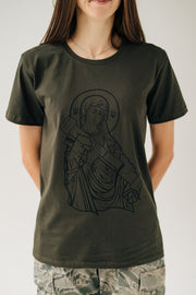 Saint Javelin Army Green Outline Adult TShirt. Made in Ukraine product. Ukrainian Female Front View