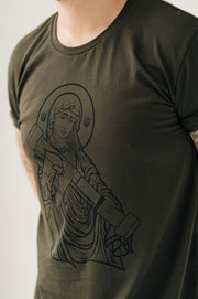 Saint Javelin Army Green Outline Adult TShirt. Made in Ukraine product. Ukrainian Male Sideview