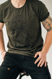 Saint Javelin Army Green Outline Adult TShirt. Made in Ukraine product. Ukrainian Male sitting